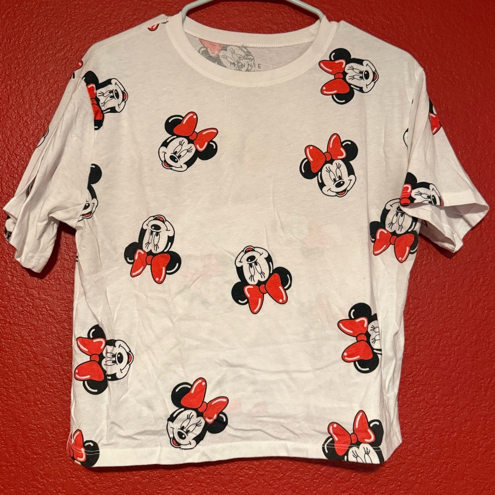 Disney White Minnie Mouse All-Over Graphic Crop Top with Red Bows